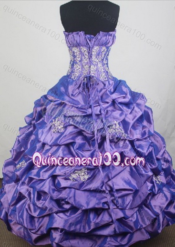 Eggplant Purple Taffeta Ball Gown Pick-ups and Hand Made Flower Quinceanera Dresses