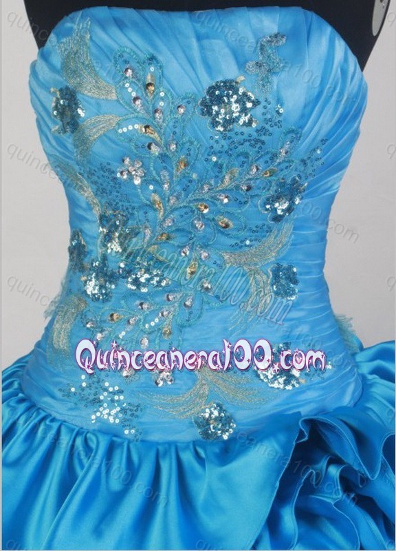 Gorgeous Strapless Ball Gown Beading and Ruffles Blue Quinceanera Dress