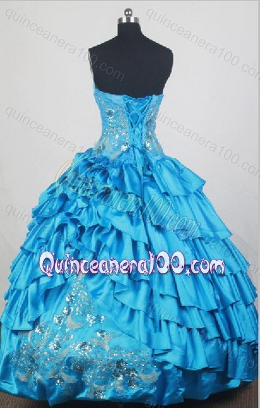 Gorgeous Strapless Ball Gown Beading and Ruffles Blue Quinceanera Dress