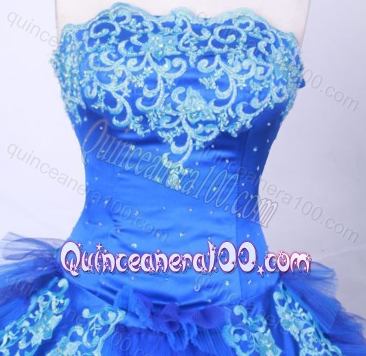 Modest Ball Gown Strapless Blue Appliques And Beading Quinceanera Dresses