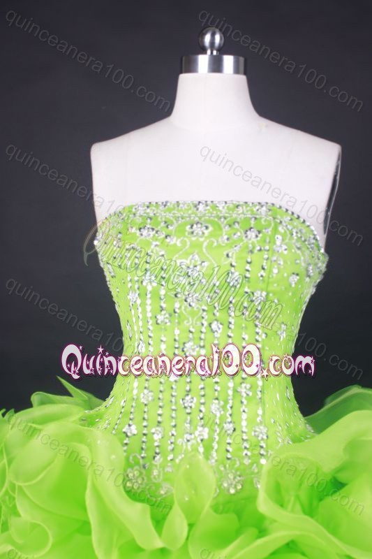 Popular Ball Gown Strapless Orangza Spring Green Beading and Ruffles Quinceanera Dresses