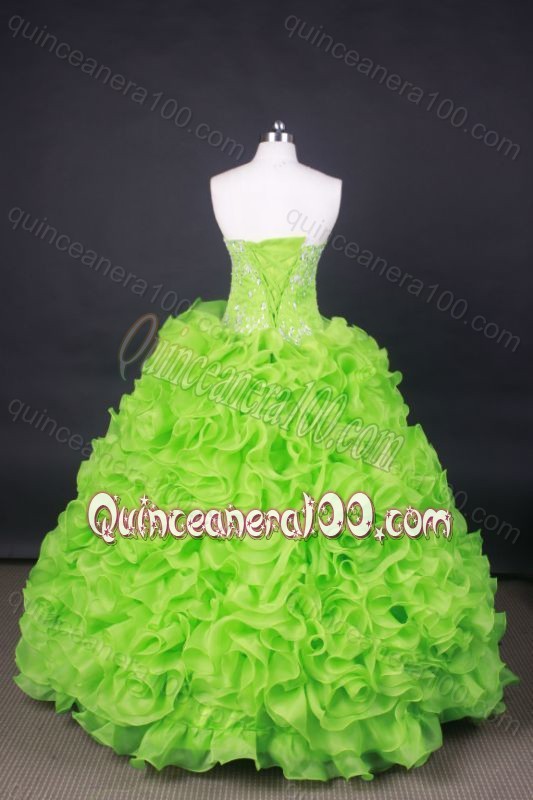 Popular Ball Gown Strapless Orangza Spring Green Beading and Ruffles Quinceanera Dresses