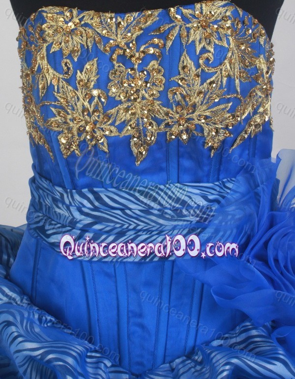 Strapless Ball Gown Appliques Quinceanera Dress Blue Organza