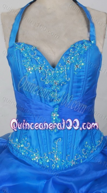 Sweetheart Ball Gown Appliques Organza Blue Halter Top Quinceanera Dresses