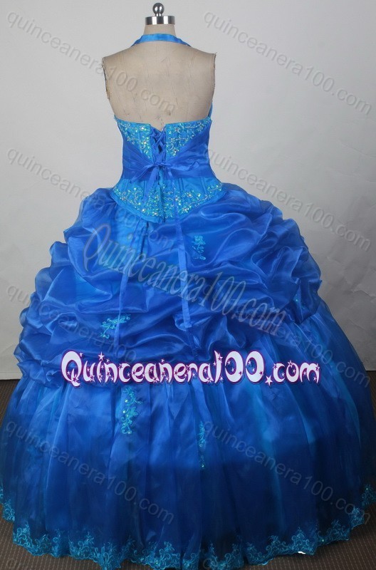 Sweetheart Ball Gown Appliques Organza Blue Halter Top Quinceanera Dresses