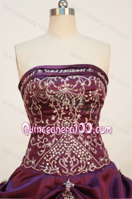 Elegant Strapless Ball gown Pick-ups Appliques And Beading Quinceanera Dress In Purple