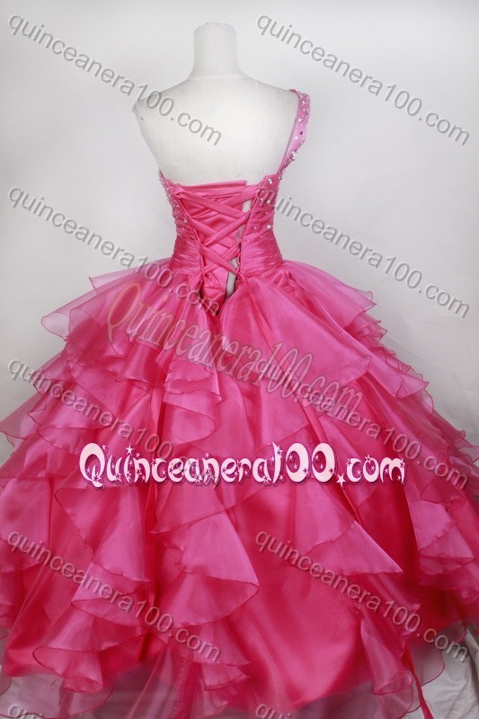 Luxurious Ball Gown Beading One Shoulder Hot Pink Quinceanera Dresses