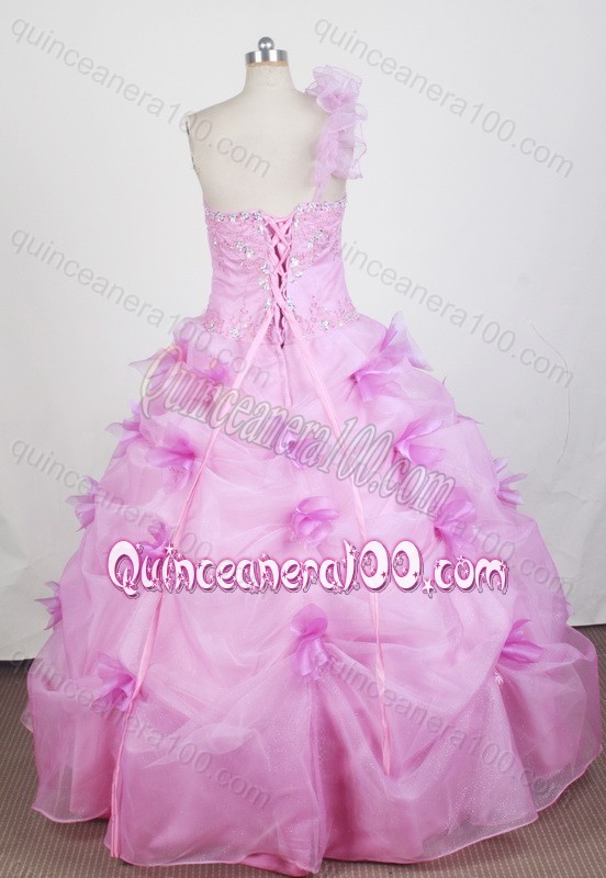 One Shoulder Ball Gown Beading Quinceanera Dress in Rose Pink