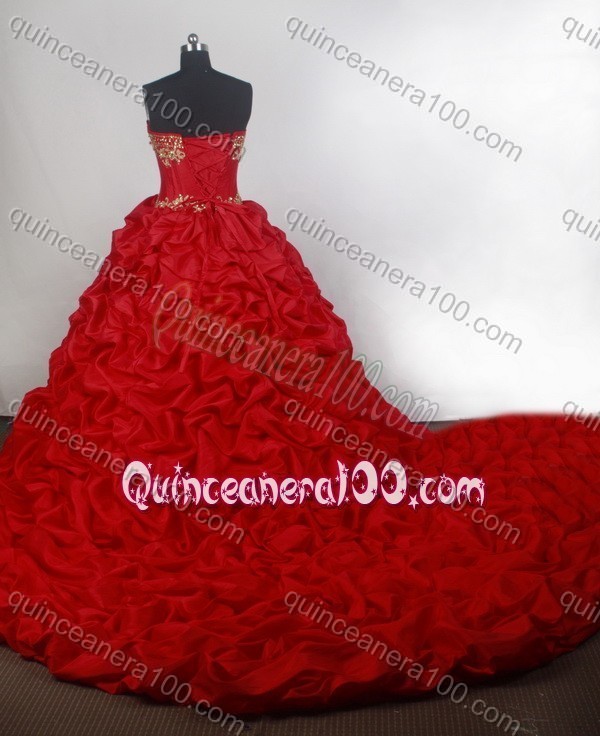 Romantic Ball Gown Embroidery Strapless Red Chapel Train Quinceanera Dresses