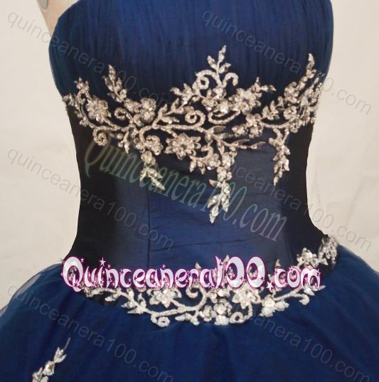 Wonderful Ball gown Navy Blue Strapless Pick-ups And Appliques Quinceanera Dress