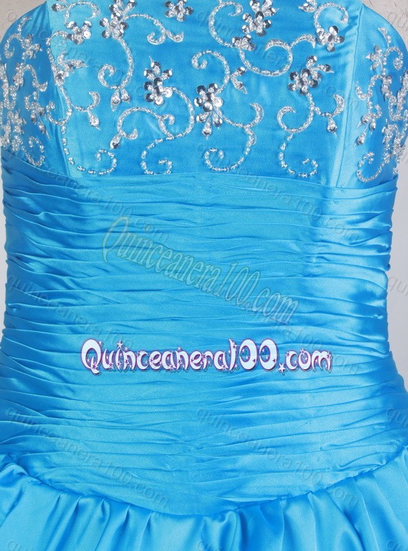 Blue Classical Beading and Embroidery Taffeta Quinceanera Dress with Pick-ups