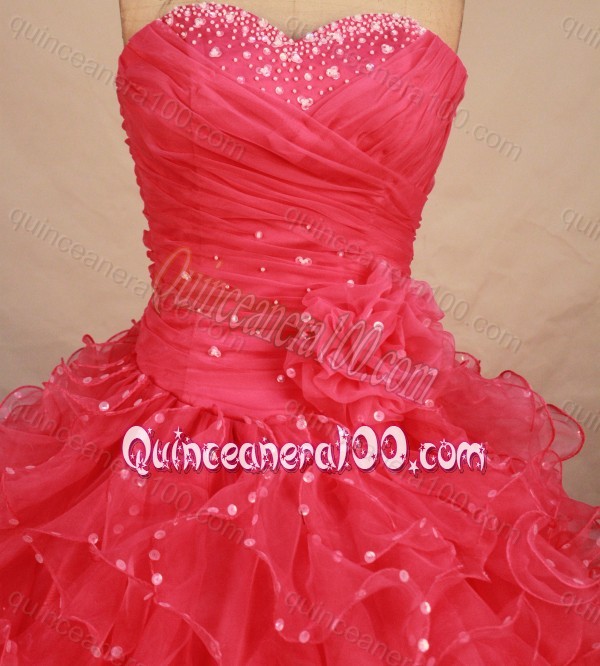 Pretty Ball Gown Sweetheart Organza Beading And ruffles Watermelon Quinceanera Dresses