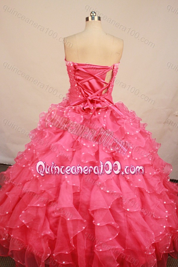 Pretty Ball Gown Sweetheart Organza Beading And ruffles Watermelon Quinceanera Dresses