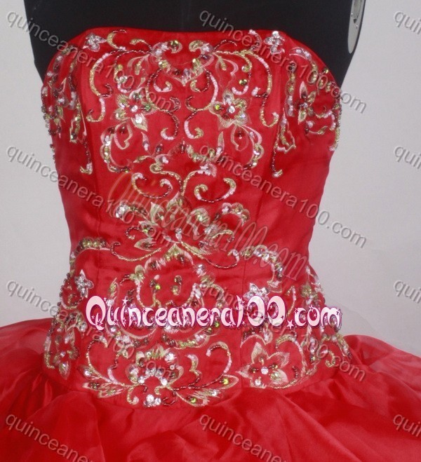 Beautiful Strapless Red Ruffles and Embroidery Quinceanera Dresses with Brush Train