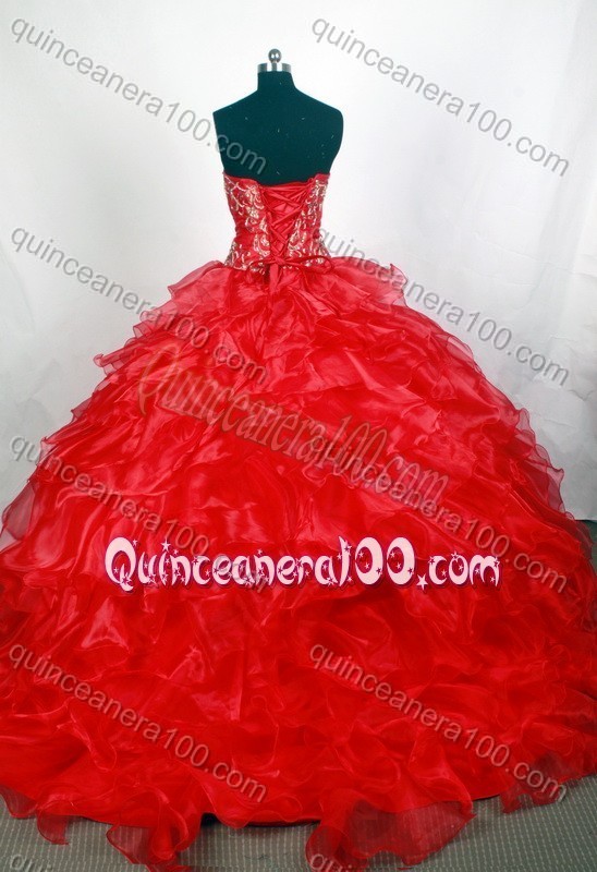 Beautiful Strapless Red Ruffles and Embroidery Quinceanera Dresses with Brush Train