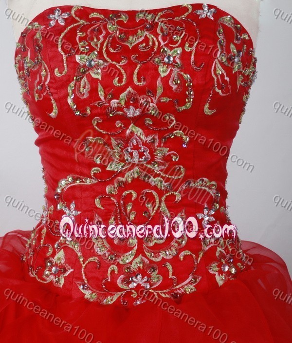 Elegant Ball Gown Strapless Red Ruffles And Embroidey Quinceanera Dresses