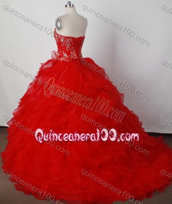 Elegant Ball Gown Strapless Red Ruffles And Embroidey Quinceanera Dresses