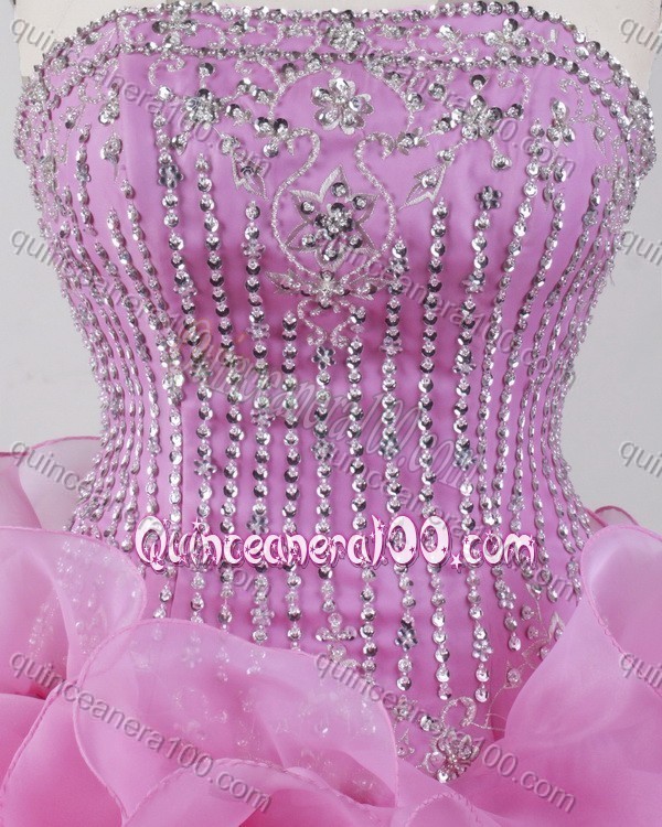 Perfect Ball Gown Strapless Beading And Ruffles Quinceanera Dress in Rose Pink