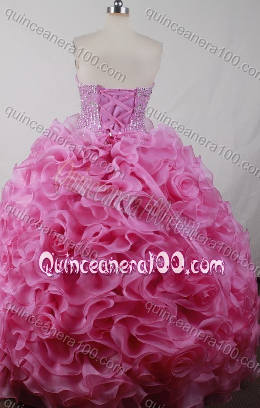 Perfect Ball Gown Strapless Beading And Ruffles Quinceanera Dress in Rose Pink