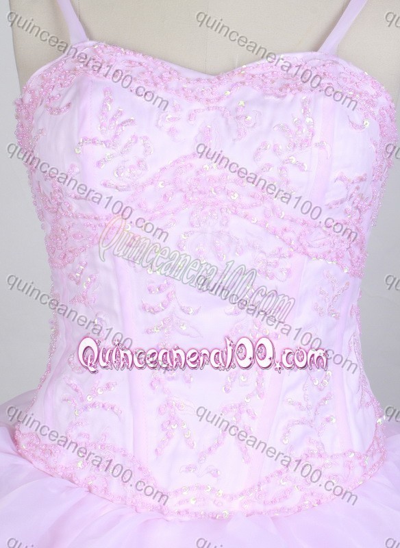 Sweet Ball Gown Beading Straps Pink Organza Quincenera Dresses