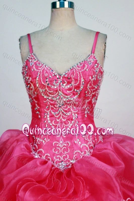 2014 Informal Ball Gown Straps Hot Pink Ruffles Beading and Appliques Quinceanera Dresses