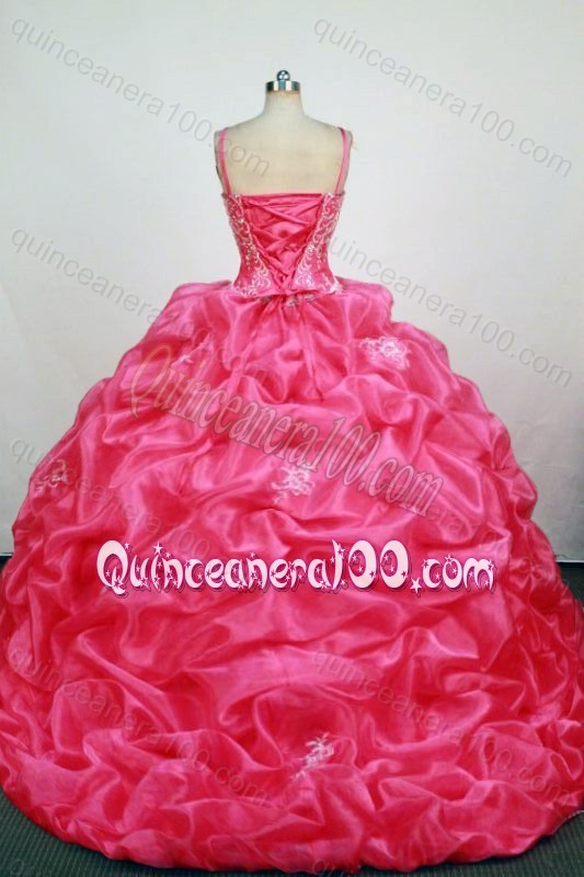 2014 Informal Ball Gown Straps Hot Pink Ruffles Beading and Appliques Quinceanera Dresses