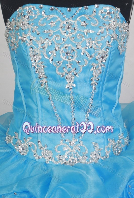 Aqua Blue Beading and Ruffles Quinceanera Dresses with Hand Made Flower and Appliques