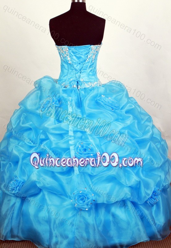 Aqua Blue Beading and Ruffles Quinceanera Dresses with Hand Made Flower and Appliques