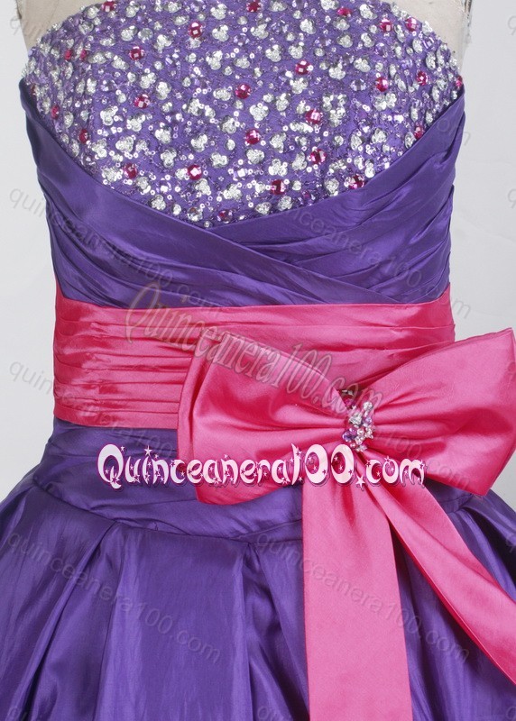 Beading and Ruching Strapless Ball Gown Purple Quinceanera Dresses with Bowknot