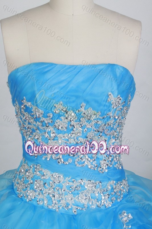 Cheap Aqua Blue Strapless Appliques with Beading Quinceanera Dresses