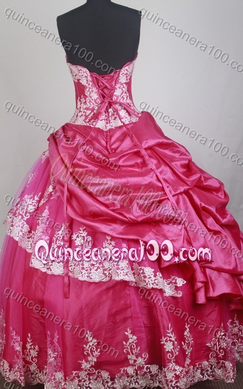 Elegant Hot Pink Ball Gown Appliques Strapless Pick-up Quinceanera Dresses