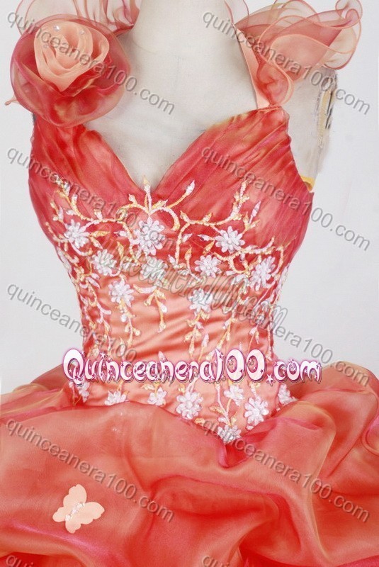 Gorgeous Orange Red Ball Gown Halter Appliques And Beading Quinceanera Dresses