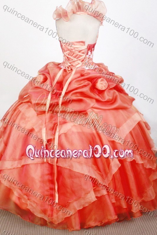 Gorgeous Orange Red Ball Gown Halter Appliques And Beading Quinceanera Dresses