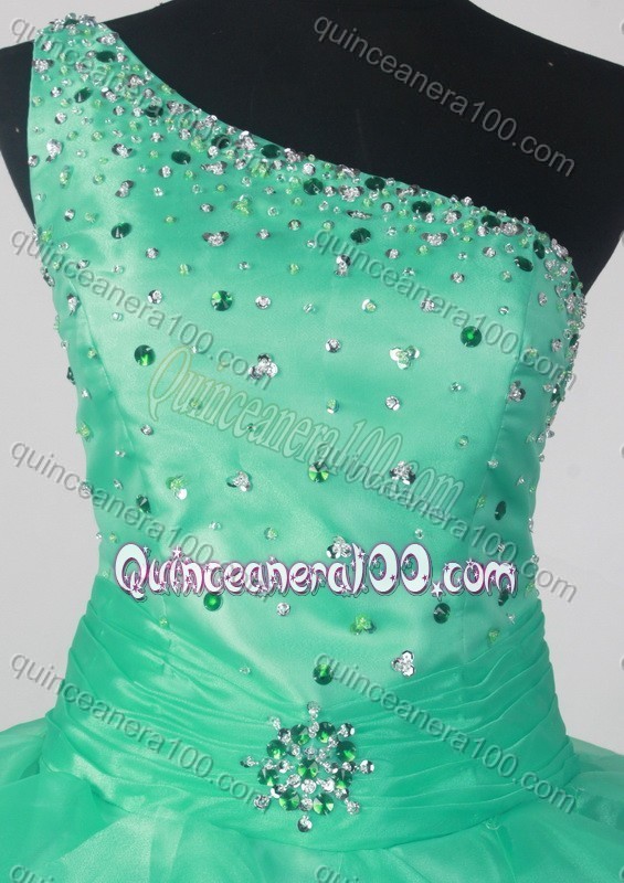 Romantic Ball Gown One Shoulder Green Quinceanera Dress With Beading And Pick-ups