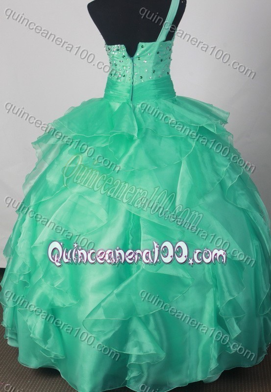 Romantic Ball Gown One Shoulder Green Quinceanera Dress With Beading And Pick-ups