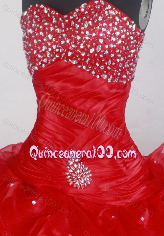 Romantic Beading Ruffles Ball Gown Sweetheart Red Quinceanera Dresses