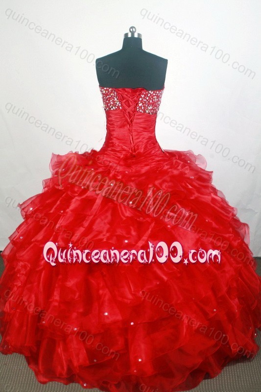 Romantic Beading Ruffles Ball Gown Sweetheart Red Quinceanera Dresses