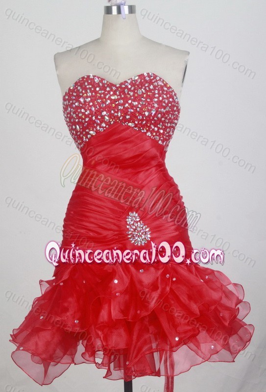 Romantic Beading Ruffles Ball Gown Sweetheart Red Quinceanera Dresses