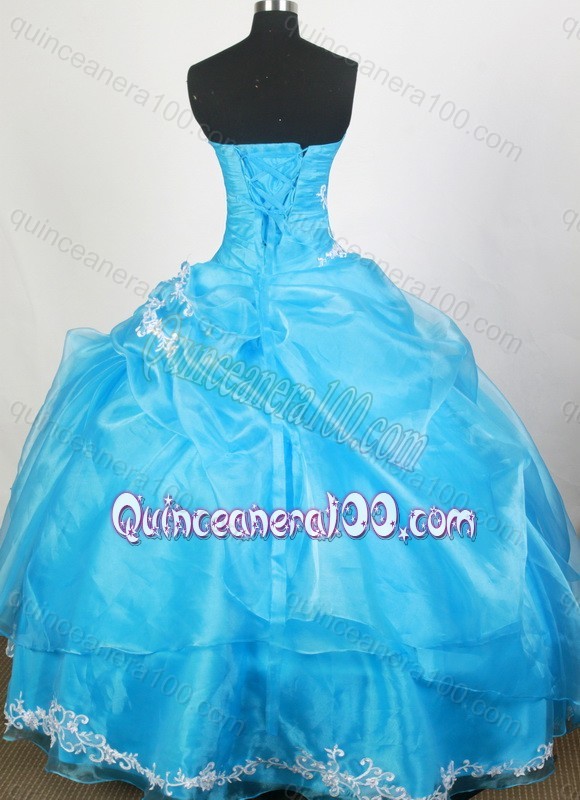 Strapless Ball Gown Appliques and Beading Quinceanera Dresses in Aqua Blue