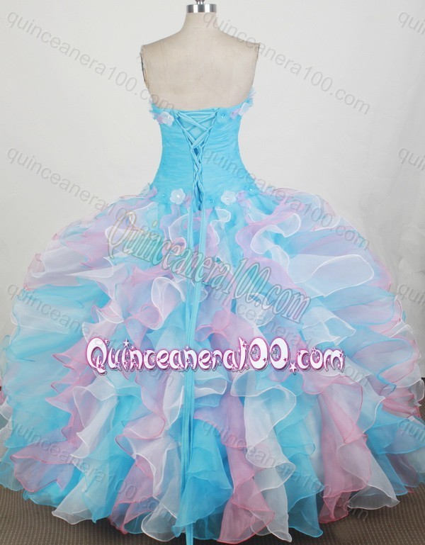 2014 Romantic Ball Gown Strapless Ruffles Appliques Quinceanera Dresses