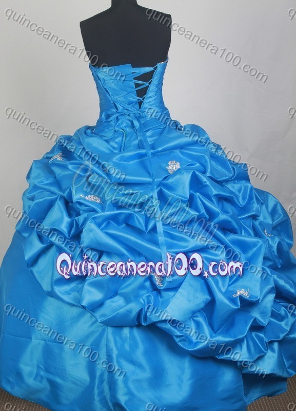 Blue Exquisite Appliques and Beading Strapless Quinceanera Dresses with Pick-ups