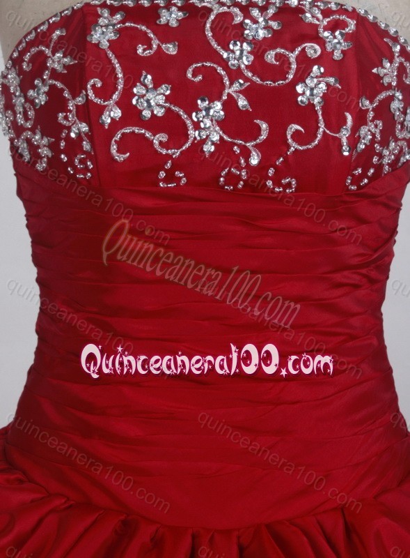 Strapless Appliques with Beading Full Length Wine Red Quinceanera Dresses