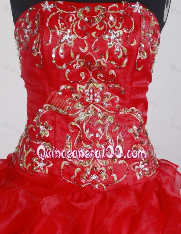 Red Strapless Ball Gown Embroidery and Ruffles Quinceanera Dresses