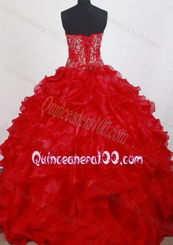 Red Strapless Ball Gown Embroidery and Ruffles Quinceanera Dresses