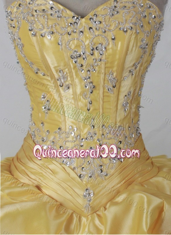 Sweet Beading And Appliques Ball Gown Sweetheart Yellow Quincenera Dresses