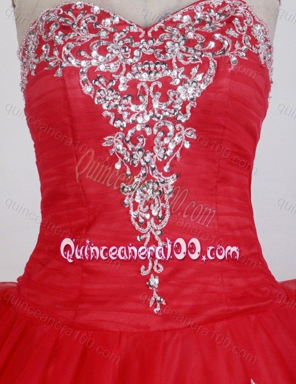 Sweetheart Ball Gown Appliques with Sequins Red Quinceanera Dresses