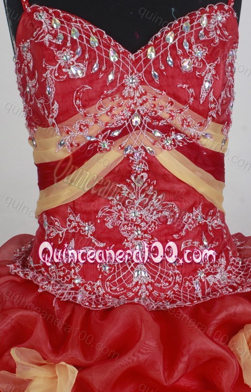 Spaghetti Straps Ball Gown Organza Red Quinceanera Dresses with Appliques