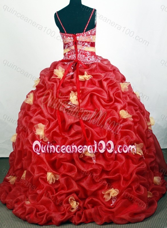 Spaghetti Straps Ball Gown Organza Red Quinceanera Dresses with Appliques