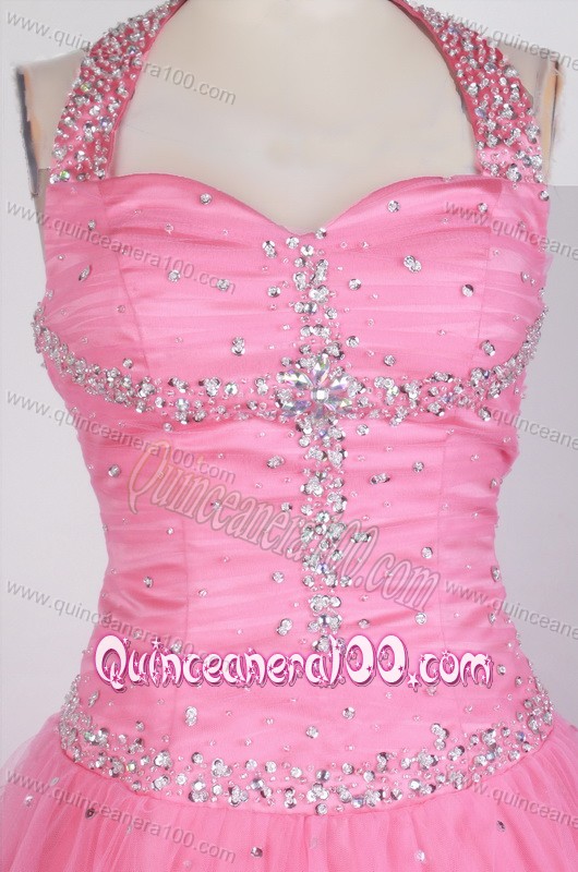 Rose Pink Beaded Decorate Bodice Ball Gown Halter Top Little Gril Pageant Dress