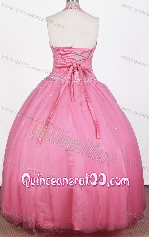 Rose Pink Beaded Decorate Bodice Ball Gown Halter Top Little Gril Pageant Dress